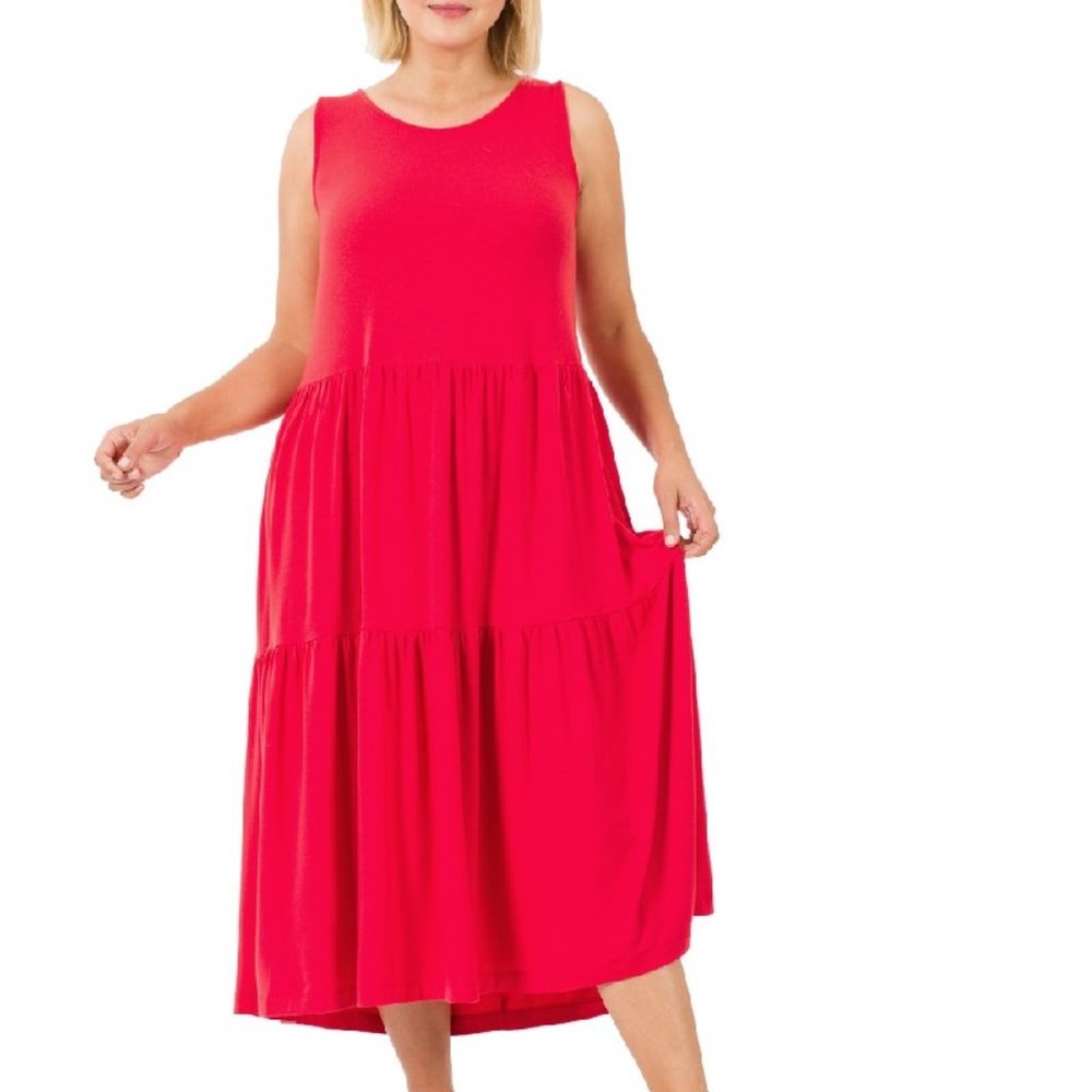 Zenana Plus Size Midi Dress Womens Casual Sleeveless Tiered Red 1X 2X